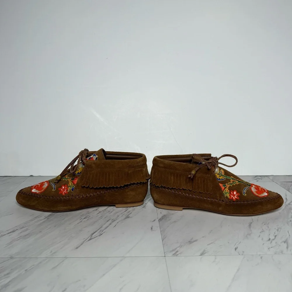 Tory Burch Huntington Fringe Embroidered Brown Suede Moccasins 6M